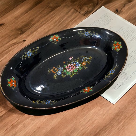 Vintage Oval Black Ceramic Hand Painted Floral Dish Plate Japan *read* - Picture 1 of 6
